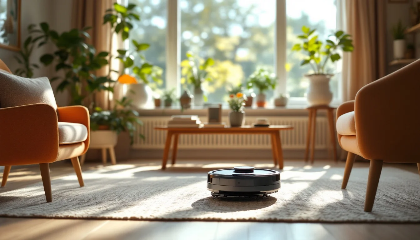 Robot vacuum cleaner on a textured cream rug in a sunlit living room with orange armchairs