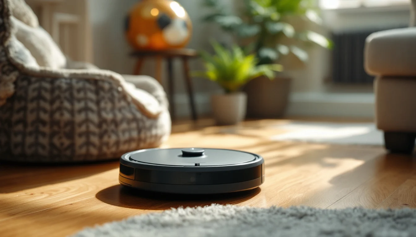 Best Robot Vacuum Cleaners UK — A robot vacuum docked at its charging base next to a pet bed and a leafy plant o