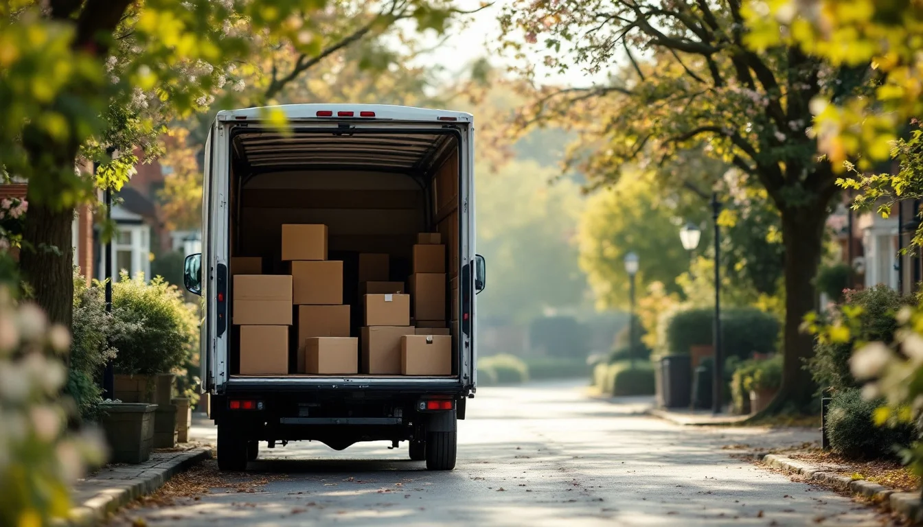 Best Time Of Year To Move House UK — A team of UK removalists loading furniture into a van on a leafy residential str Best Time Of Year To Move House UK — A team of UK removalists loading furniture into a van on a leafy residential str