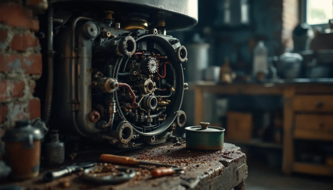 Boiler Service Cost UK 2026 — A close-up of a boiler's internal parts being inspected and cleaned by a gloved Boiler Service Cost UK 2026 — A close-up of a boiler's internal parts being inspected and cleaned by a gloved