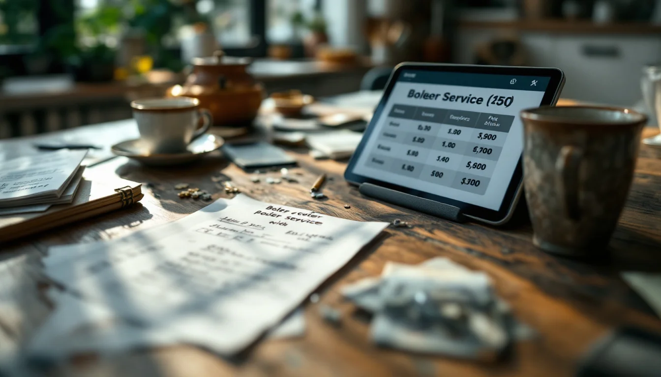 Boiler Service Cost UK 2026 — A kitchen table in a British home displaying several written boiler service quot Boiler Service Cost UK 2026 — A kitchen table in a British home displaying several written boiler service quot
