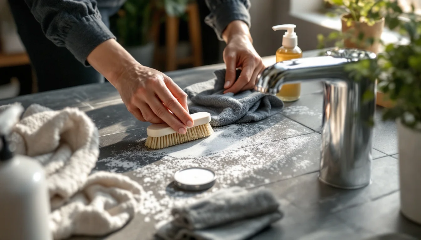 Deep Cleaning Services What Is Included — Cleaner wearing gloves scrubbing shower grout and descaling taps in a modern UK Deep Cleaning Services What Is Included — Cleaner wearing gloves scrubbing shower grout and descaling taps in a modern UK