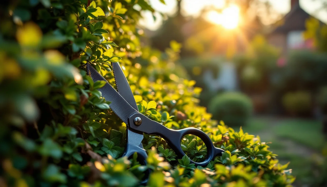 Garden Maintenance Costs UK — Close-up of a gardener's hands trimming a hedge with professional shears in a le