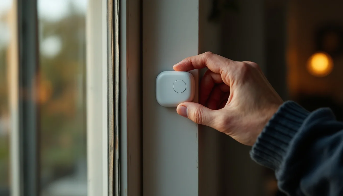 Home Security Tips UK Homeowners — A UK homeowner installing a wireless smart alarm sensor near a window, illustrat