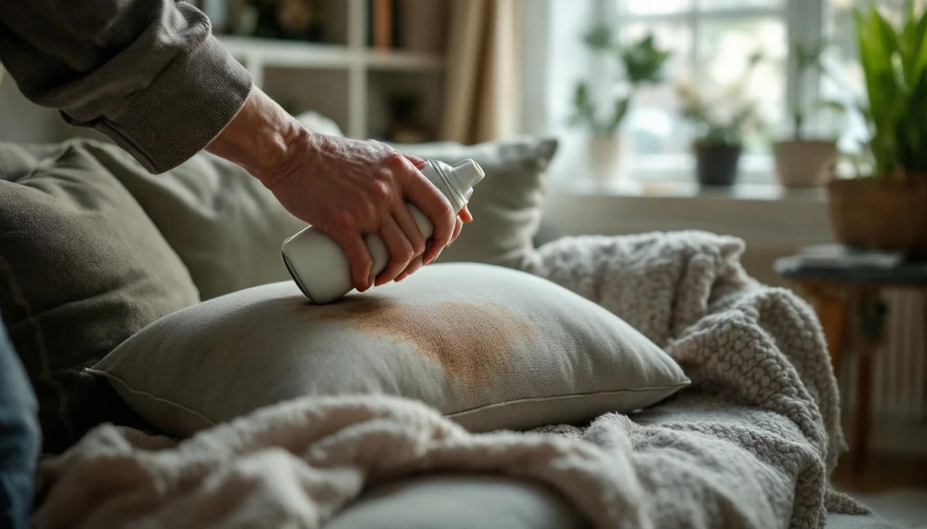 How To Clean Upholstery At Home — A close-up of a hand spot-cleaning a fabric sofa cushion with an upholstery spra How To Clean Upholstery At Home — A close-up of a hand spot-cleaning a fabric sofa cushion with an upholstery spra