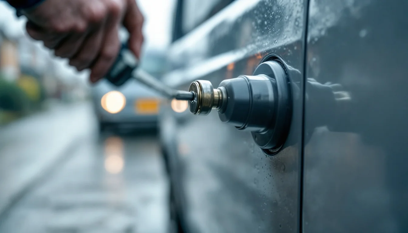 Locked Out Of Car What To Do UK — A professional UK locksmith unlocking a modern vehicle at the roadside using spe Locked Out Of Car What To Do UK — A professional UK locksmith unlocking a modern vehicle at the roadside using spe