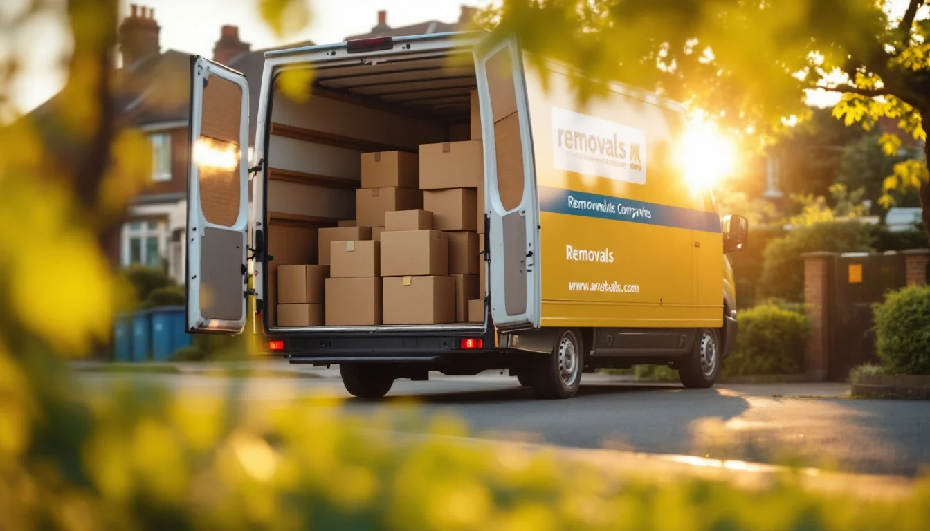 Man And Van Vs Removals Company — A removals company crew in branded uniforms packing furniture and boxes into a l