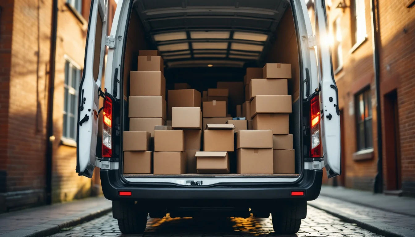 Man And Van Vs Removals Company — A man and van team carrying boxes from a small UK flat into a white transit van 