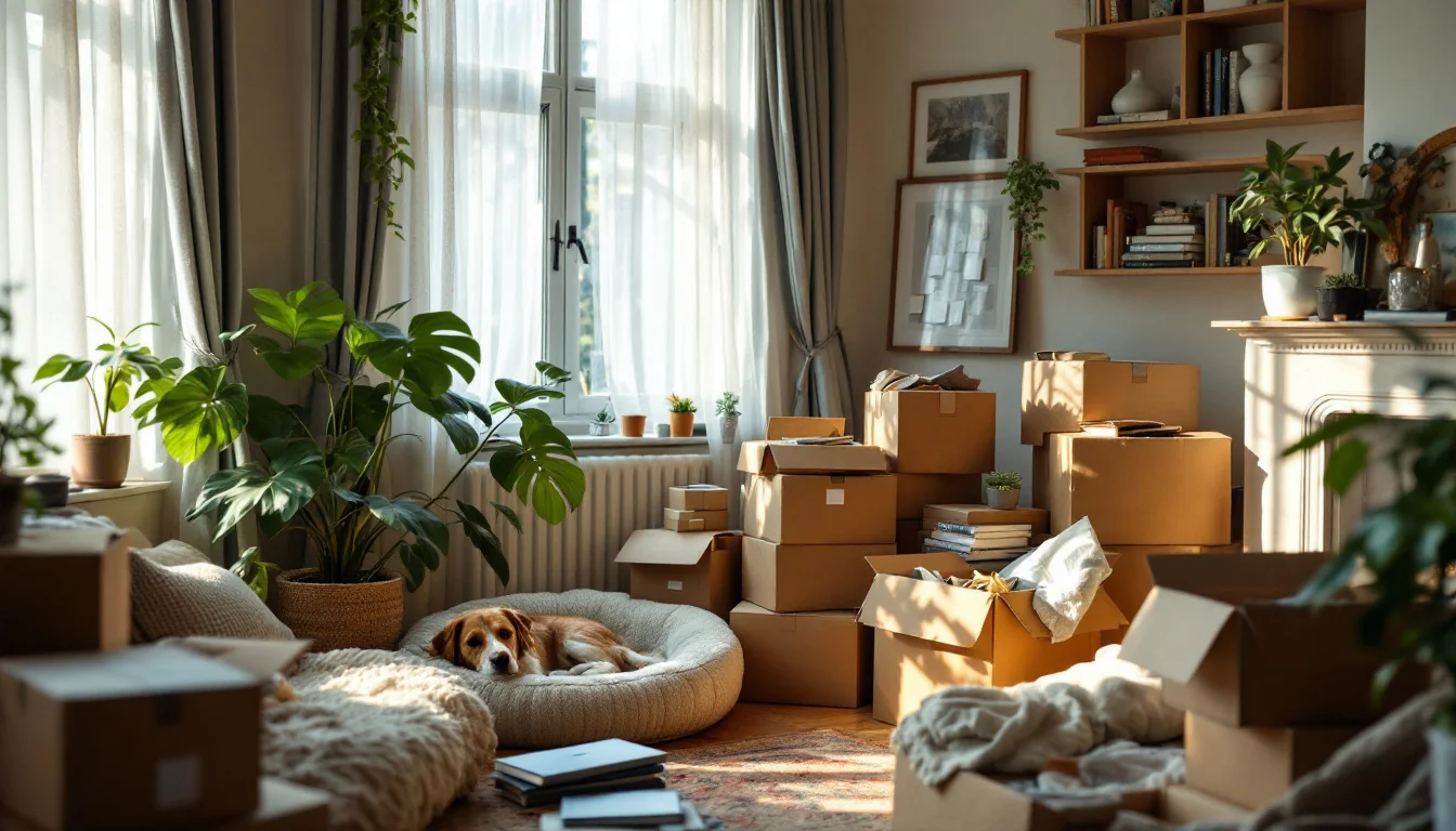 Moving House Checklist UK — A family and their pet dog sitting among packed boxes in a new UK home, smiling Moving House Checklist UK — A family and their pet dog sitting among packed boxes in a new UK home, smiling