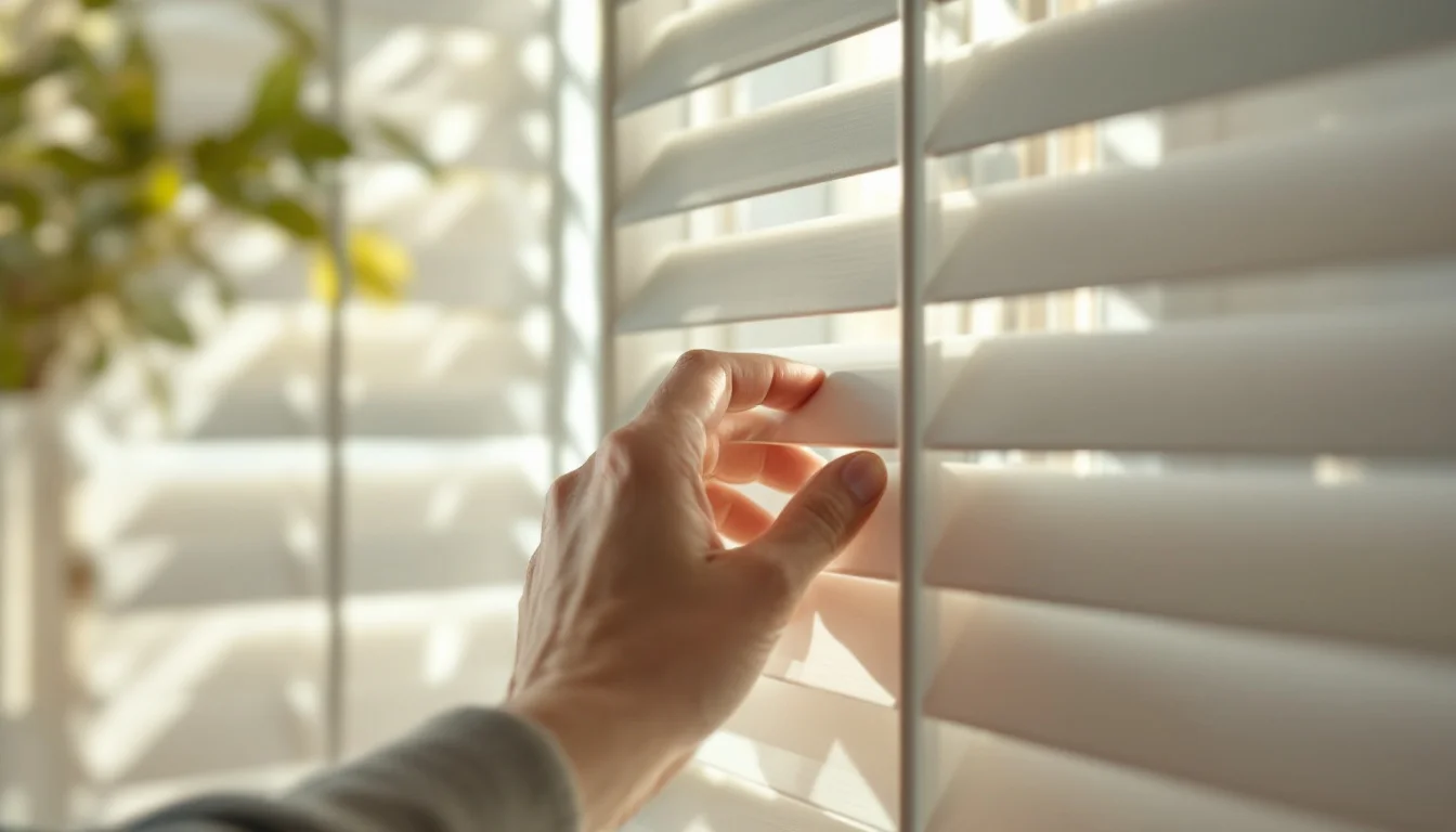 Plantation Shutters Vs Blinds UK — Close-up of a UK homeowner's hand tilting the louvres of white plantation shutte Plantation Shutters Vs Blinds UK — Close-up of a UK homeowner's hand tilting the louvres of white plantation shutte
