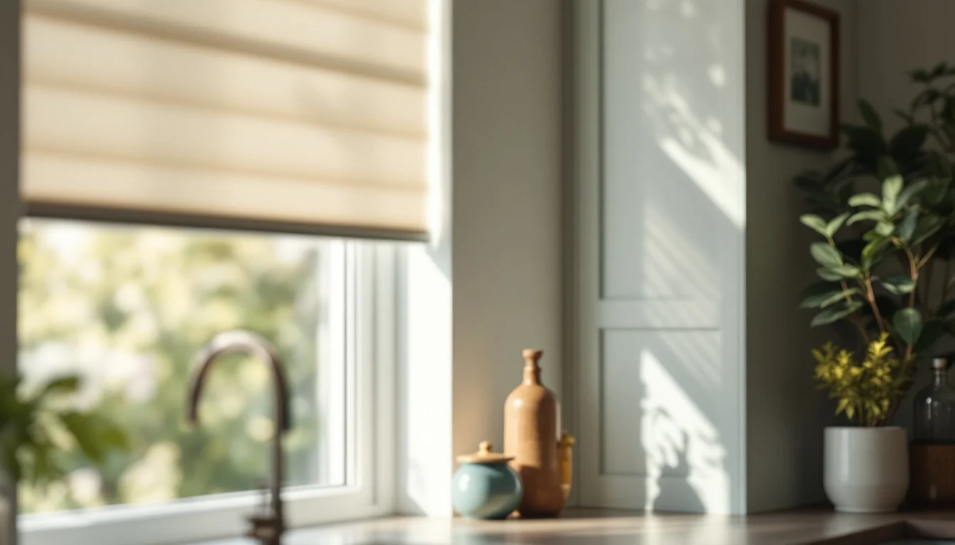 Plantation Shutters Vs Blinds UK — Modern UK kitchen with roller blinds on one window and plantation shutters on an Plantation Shutters Vs Blinds UK — Modern UK kitchen with roller blinds on one window and plantation shutters on an